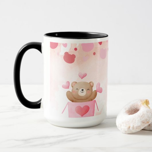 ​Cute Teddy Bear & Pink Hearts Coffee Mug Mok (Met donut)