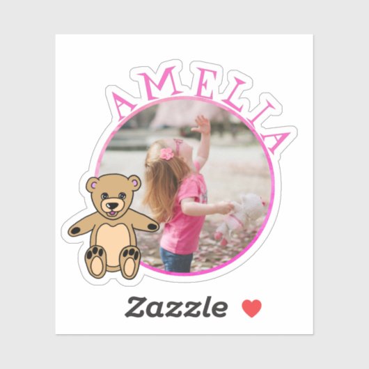 Cute Teddy Bear Pink Name and Photo Girl Sticker (Vel)