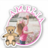 Cute Teddy Bear Pink Name and Photo Girl Sticker (Voorkant)