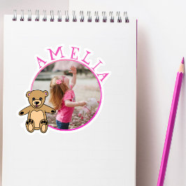 Cute Teddy Bear Pink Name and Photo Girl Sticker