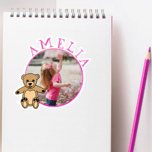 Cute Teddy Bear Pink Name and Photo Girl Sticker