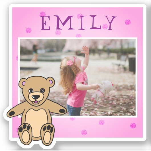 Cute Teddy Bear Pink Name Photo Girly Sticker (Voorkant)