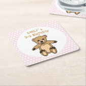 Cute Teddy Bear Pink Polka Dot Kind Birthday Kartonnen Onderzetters (Schuin)