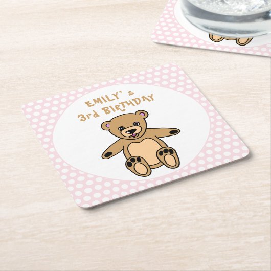 Cute Teddy Bear Pink Polka Dot Kind Birthday Kartonnen Onderzetters (Schuin)
