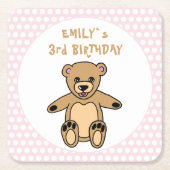 Cute Teddy Bear Pink Polka Dot Kind Birthday Kartonnen Onderzetters (Voorkant)
