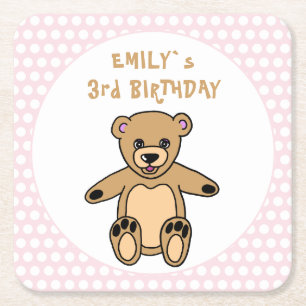 Cute Teddy Bear Pink Polka Dot Kind Birthday Kartonnen Onderzetters