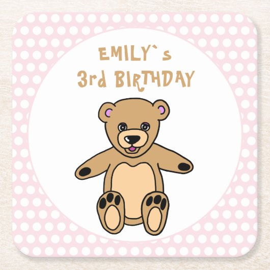 Cute Teddy Bear Pink Polka Dot Kind Birthday Kartonnen Onderzetters (Voorkant)