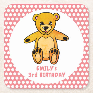 Cute Teddy Bear Pink Polka Dot Kind Birthday Kartonnen Onderzetters