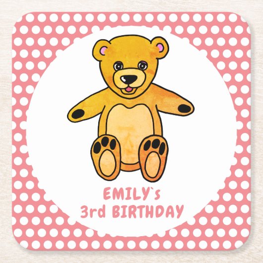 Cute Teddy Bear Pink Polka Dot Kind Birthday Kartonnen Onderzetters (Voorkant)
