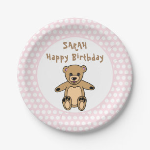 Cute Teddy Bear Pink Polka Dot Kind Birthday Papieren Bordje