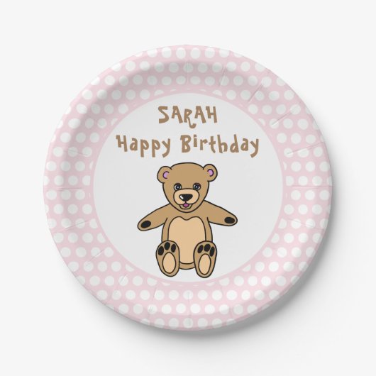 Cute Teddy Bear Pink Polka Dot Kind Birthday Papieren Bordje (Voorkant)