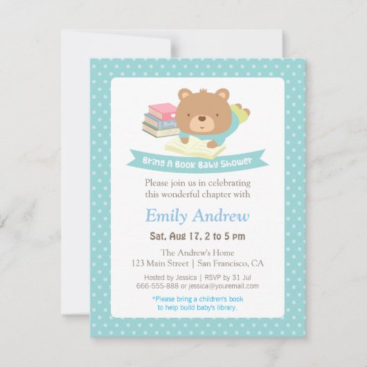 Cute Teddy Bear Polka Dots Book Thmed Baby shower Kaart (Voorkant)