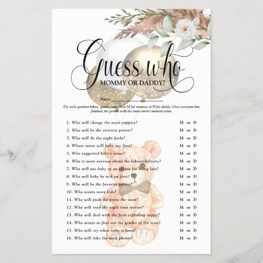 Cute Teddy Bear 'Raad eens wie' Baby shower Game F Flyer (Voorkant)