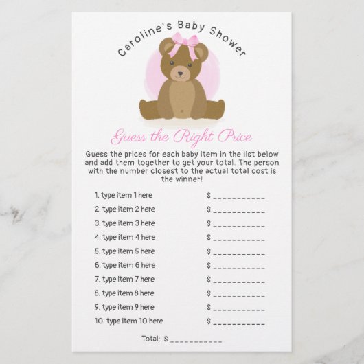 Cute Teddy Bear Raad Price Baby Girl Shower (Voorkant)