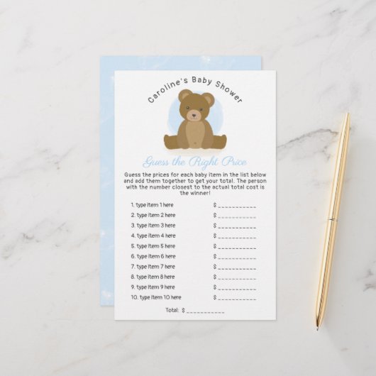 Cute Teddy Bear Raad Price Baby Shower Game (Voorkant / Achterkant in situ)