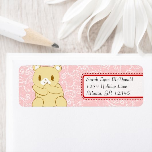 Cute Teddy Bear Red Pink Stippen & Hearts Etiket (Insitu)