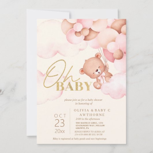 Cute Teddy Bear Roze Ballonnen Meisje Baby Shower Kaart (Voorkant)