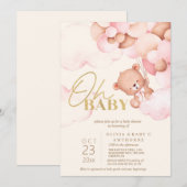Cute Teddy Bear Roze Ballonnen Meisje Baby Shower Kaart (Voorkant / Achterkant)