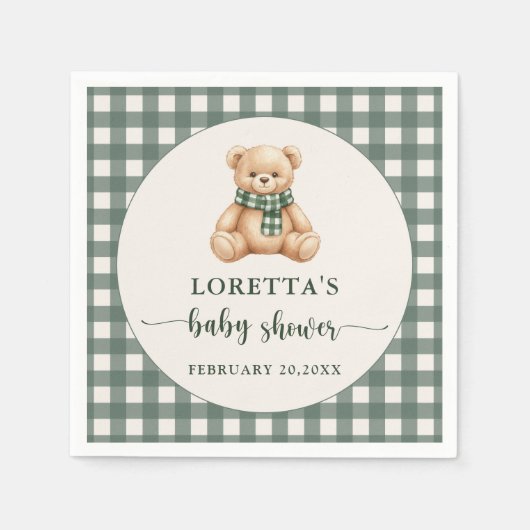 Cute Teddy Bear Rustic Green Plaid Baby Shower  Servet (Voorkant)