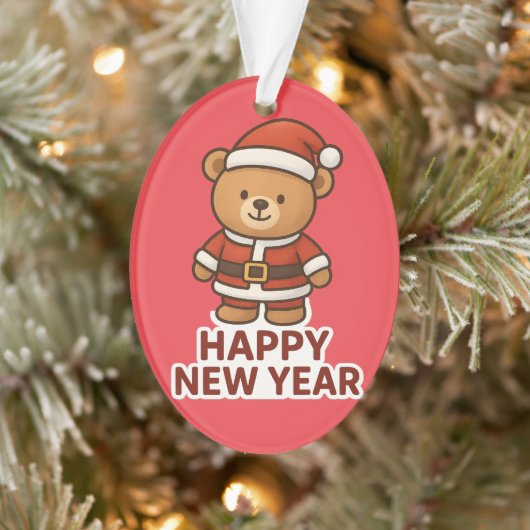 Cute Teddy Bear Santa Happy New Year Sticker Ornament (Boom)