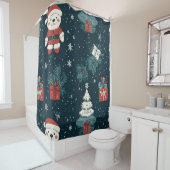 Cute Teddy Bear & Santa on Dark Green (1) Douchegordijn (In situ)
