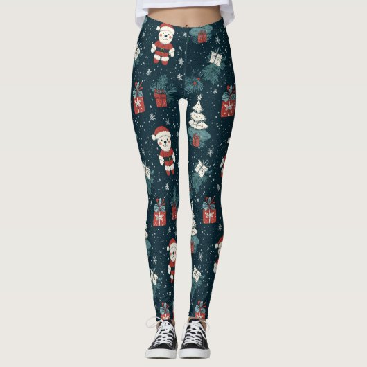 Cute Teddy Bear & Santa on Dark Green (1) Leggings (Voorkant)