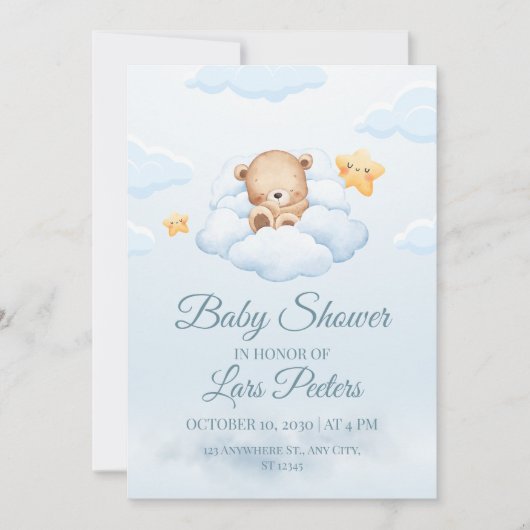 Cute Teddy Bear Sleeping on Cloud Baby Shower Invi Kaart (Voorkant)