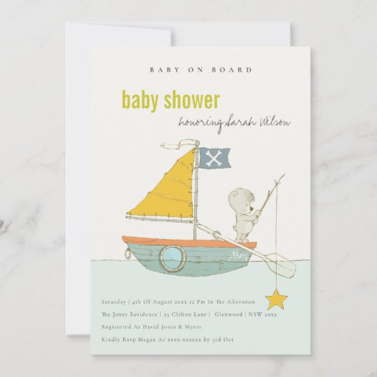 Cute Teddy Bear Star Sailboat Baby shower Invite Bedankkaart (Voorkant)