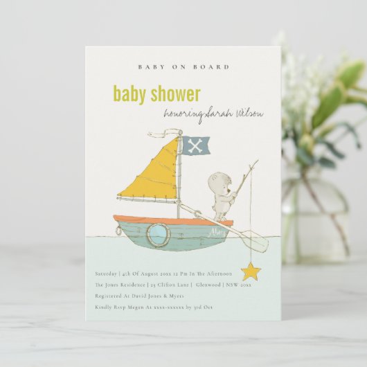 Cute Teddy Bear Star Sailboat Baby shower Invite Bedankkaart (Staand voorkant)