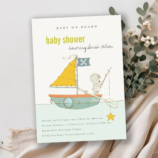 Cute Teddy Bear Star Sailboat Baby shower Invite Bedankkaart