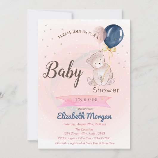 Cute Teddy Bear, Stars Baby shower Invitation Kaart (Voorkant)