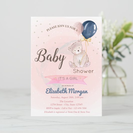 Cute Teddy Bear, Stars Baby shower Invitation Kaart (Staand voorkant)