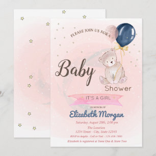 Cute Teddy Bear, Stars Baby shower Invitation Kaart