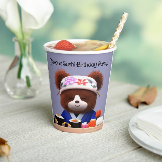 Cute Teddy Bear Sushi Chef Birthday Party Papieren Bekers (Insitu)
