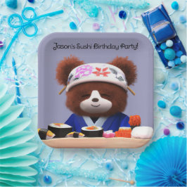 Cute Teddy Bear Sushi Chef Birthday Party Papieren Bordje