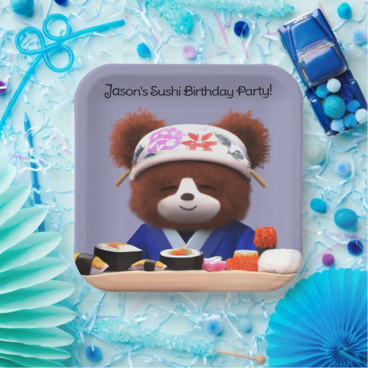 Cute Teddy Bear Sushi Chef Birthday Party Papieren Bordje (Feest)