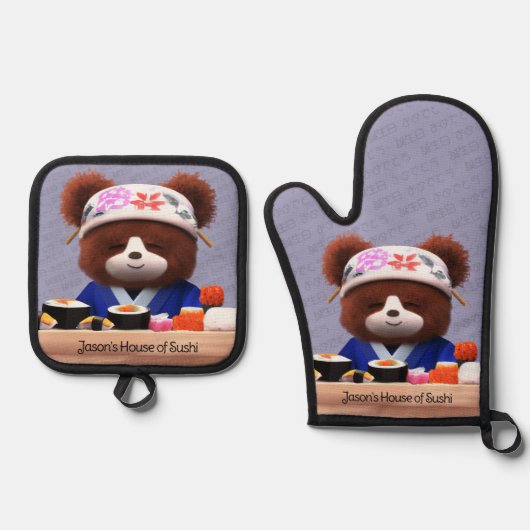 Cute Teddy Bear Sushi Chef Ovenwant & Pannenlap Set (Voorkant)