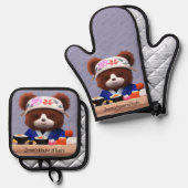 Cute Teddy Bear Sushi Chef Ovenwant & Pannenlap Set (Voorkant / Achterkant)