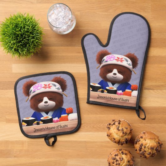 Cute Teddy Bear Sushi Chef Ovenwant & Pannenlap Set (Top down)
