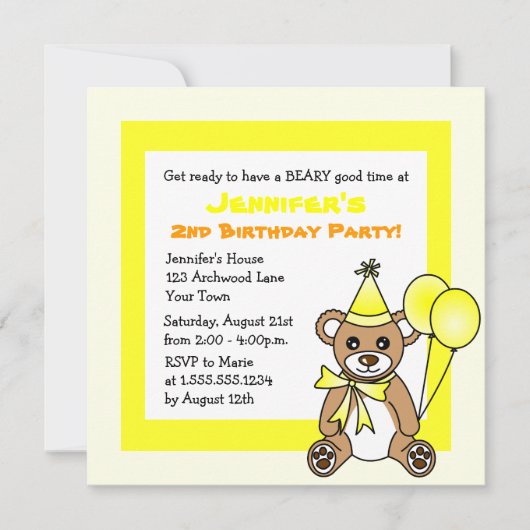 Cute Teddy Bear Theme Kinderen Birthday - Geel Kaart (Voorkant)