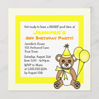 Cute Teddy Bear Theme Kinderen Birthday - Geel Kaart