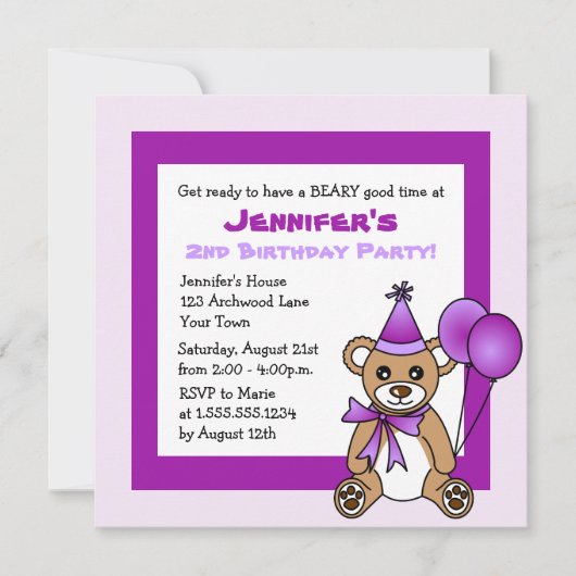 Cute Teddy Bear Theme Kinderen Birthday - Paars Kaart (Voorkant)