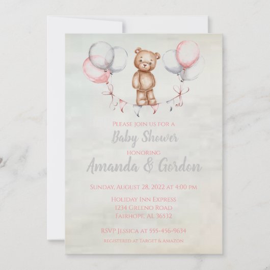 Cute Teddy Bear Waterverf Baby shower Invitation Kaart (Voorkant)