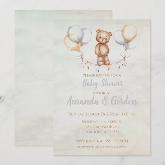 Cute Teddy Bear Waterverf Baby shower Kaart (Voorkant / Achterkant)