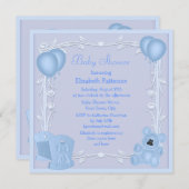 Cute Teddy Bear & Wieg Blue Baby shower Invite Kaart (Voorkant / Achterkant)