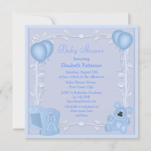 Cute Teddy Bear & Wieg Blue Baby shower Invite Kaart