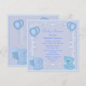 Cute Teddy Bear & Wieg Blue Baby shower Invite Kaart (Voorkant / Achterkant)
