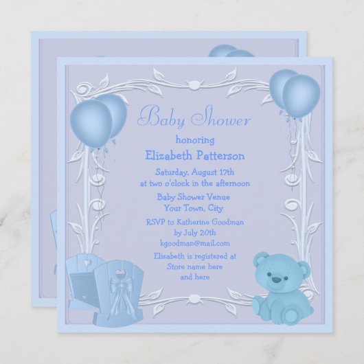 Cute Teddy Bear & Wieg Blue Baby shower Invite Kaart (Voorkant / Achterkant)