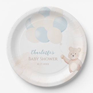 Cute Teddy Bear with Balloons Boy Baby Shower Papieren Bordje