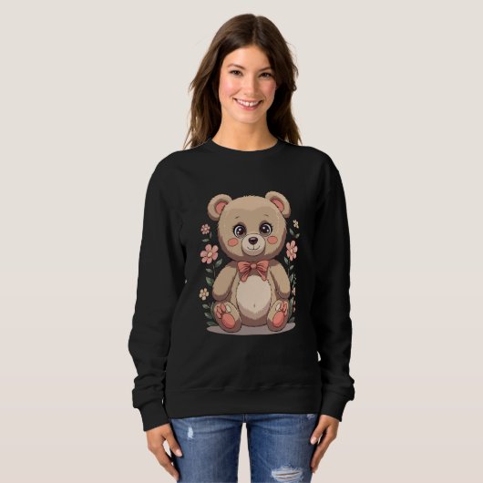 Cute Teddy Bear with Bow Tie and Pastel Flowers Trui (Voorkant volledig)